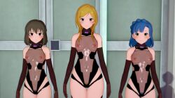3d bare_shoulders blonde_hair blue_eyes blush bottomless braid brown_eyes brown_hair clothed_exposure collar empty_eyes expressionless female_only femsub fishnets gloves green_hair koikatsu! leotard long_hair looking_at_viewer multiple_girls multiple_subs navel nipples opera_gloves pink_eyes pubic_hair qr_code see-through short_hair standing standing_at_attention tattoo tech_control the_idolm@ster the_idolm@ster:_million_live! wwww. yuriko_nanao