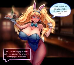  blue_eyes bottle bow breasts bunny_ears bunny_girl bunnysuit choker cuffs dialogue earrings english_text fake_animal_ears fishnets genderswap gloves headband huge_breasts lip_biting naruko naruto_(series) penemueart speech_bubble text tray twintails very_long_hair 