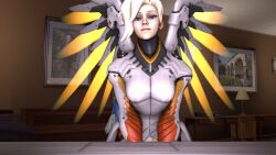  3d animated animated_gif blonde_hair bottomless breasts clothed expressionless female_only femdom femsub glasses large_breasts mei_(overwatch) mercy nude open_mouth overwatch seamless short_hair source_filmmaker topless yuri zombie_walk 