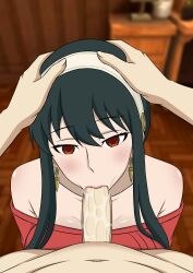 black_hair doggos_doujins empty_eyes fellatio femsub long_hair maledom nude red_eyes spy_x_family text yor_briar