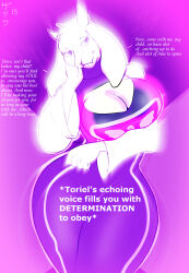  breasts cleavage cleavage_cutout femdom furry goat_girl horns huge_breasts hypnotic_breasts large_breasts looking_at_viewer manip monster pov pov_sub smile solo text toriel_dreemurr undertale waverun_(manipper) zp92 