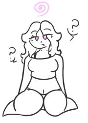  bare_legs bra clothed confused crop_top eyebrows_visible_through_hair female_only femsub hair_covering_one_eye kneeling legs long_hair looking_at_viewer lunarlillie midriff navel original pink_eyes short_shorts simple_background solo spiral tank_top white_background 