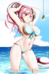 bikini breasts brown_hair cleavage empty_eyes female_only femsub hat heterochromia icontrol_(manipper) kimmy77 large_breasts long_hair manip multicolored_hair navel neopolitan open_mouth pendulum pink_hair rwby solo swimsuit water