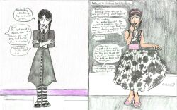  before_and_after black_hair dialogue dress female_only femsub goth happy_trance long_hair purification purpleman0709 smile solo stepfordization text the_addams_family wednesday_addams 