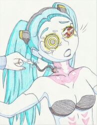 absurdres blue_hair bra cyberpunk_(series) cyberpunk_edgerunners emerald_lazers femdom femsub hacking long_hair lucy_(cyberpunk) open_mouth rebecca_(cyberpunk) red_eyes tattoo tech_control