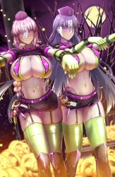 absurdres belted_skirt blush braid breasts cigarcat cleavage costume earrings fate/grand_order fate_(series) female_only femsub florence_nightingale garter_straps halloween happy_trance hat jiangshi large_breasts long_hair looking_at_viewer midriff miniskirt navel night outdoors pink_hair ponytail pumpkin purple_hair saint_martha skirt smile spiral_eyes symbol_in_eyes syringe talisman text thighhighs thong zombie_walk 