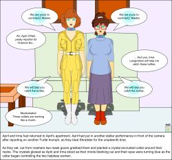 april_o&#039;neil brown_hair collar dialogue empty_eyes femsub glasses irma_langinstein nabs001 orange_hair tech_control teenage_mutant_ninja_turtles text