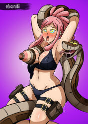  arms_above_head asphyxiation black_eyes blush bondage breasts_outside coils crossover disney drool evil_smile femsub forked_tongue groping heterosexual kaa kaa_eyes maledom mei_hatsume midriff my_hero_academia navel nipples one_breast_out open_mouth purple_background restrained smile snake sweat the_jungle_book thighs tongue tongue_out zocorukii 