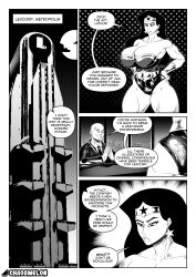 black_hair chaosmelon comic dc_comics dialogue greyscale huge_breasts lex_luthor muscle_girl super_hero tagme wonder_woman