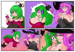  absurdres accord_(accord) before_and_after breasts ereme_(bobbette) female_only femdom femsub floating glowing glowing_eyes green_eyes green_hair happy_trance magic original penken pink_hair puppet purple_eyes shrunken_irises smile witch witch_hat 