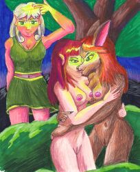 bottomless breasts dog_girl female_only femdom femsub furry glowing glowing_eyes kissing long_hair malchitos nude original red_hair sketch topless traditional wolf_girl yuri
