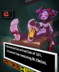barefoot bottomless breasts feet femsub foot_focus foot_worship glowing glowing_eyes happy_trance monster_girl muffet non-human_feet nude pawtnoodle tech_control text tickling topless undertale