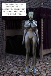3d breasts collar dialogue disney female_only fembot femsub graybot green_skin high_heels maleficent robot robotization solo text theheckle whitewash_eyes