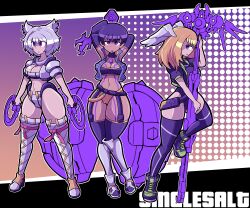  absurdres alternate_costume animal_ears arms_above_head belt brown_hair cameltoe cleavage clothed corruption crop_top dark_skin empty_eyes eunie_(xenoblade) expressionless female_only femsub garter_straps gloves gradient_background grey_hair hammer jacket knee-high_boots leotard light_skin long_hair mio_(xenoblade) multiple_girls multiple_subs navel nintendo open_mouth opera_gloves ponytail purple_eyes purple_hair sena_(xenoblade) shoes short_hair signature singlesalt staff standing tagme thighhighs tube_top vest weapon xenoblade_chronicles xenoblade_chronicles_3 