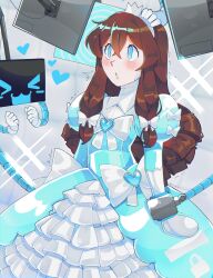 bangs blue_eyes blush bondage brown_hair clothed dress eyebrows_visible_through_hair eyeshadow female_only femsub flat_chest hair_band hair_ribbon hand_on_head handcuffs headdress heart hypnotic_screen jewelry latex long_hair long_skirt monitor open_mouth original princess restrained ribbon riverpear robot royalty shoulder_pads skirt smile spiral spiral_eyes standing tech_control wires