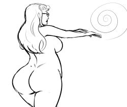 ass aurora_(jabberwocky) breasts female_only femsub glasses greyscale large_ass large_breasts long_hair mole monochrome nude original polmanning sketch solo spiral zombie_walk