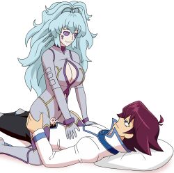  absurdres aged_up alfimi breasts cleavage clothed_exposure clothed_sex cowgirl_position drool femsub happy_trance heterosexual karyu_ginsora_(saibot) large_breasts maledom misaeldm on_back original pillow sex simple_background smile spiral_eyes super_robot_wars symbol_in_eyes tagme vaginal white_background 