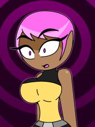 arms_behind_back bare_shoulders batman batman_beyond belt dark_skin dc_comics eyebrows_visible_through_hair eyelashes femsub gradient_background hypnoscream large_breasts max_gibson open_mouth pink_background pink_eyes pink_hair pov_dom ring_background shiny_hair shiny_skin short_hair shrunken_irises solo standing_at_attention surprised tomboy wide_hips