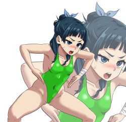 armpits bandage bare_legs blue_eyes blush body_control cleavage collarbone femsub green_hair haigure hair_ribbon leotard maomao open_mouth sideboob simple_background sintro8190 small_breasts sweat swimsuit the_apothecary_diaries white_background