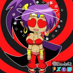 bracelet cape choker circlet cleavage collarbone dazed drool earrings elf_ears harem_outfit heart_eyes large_breasts long_hair navel navel_piercing open_mouth ponytail shantae shantae_(series) signature smile sparkle spiral spiral_background zombi62