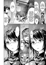  absurdres before_and_after black_hair confused dialogue empty_eyes expressionless femsub glasses greyscale hard_translated maledom saimin_injoku_shirei serena_weisslis short_hair skirt tech_control text tomboy translated wasu 