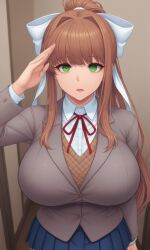 ai_art brown_hair doki_doki_literature_club drool empty_eyes expressionless green_eyes huge_breasts looking_at_viewer monika saluting school_uniform tagme