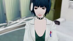  3d animated animated_gif blue_hair bottomless breasts cleavage clothed collar drool expressionless fellatio femsub glowing kneeling lab_coat maledom open_mouth pendulum penis persona_(series) persona_5 pocket_watch sex short_hair smile spiral_eyes symbol_in_eyes tae_takemi text tongue vynil 