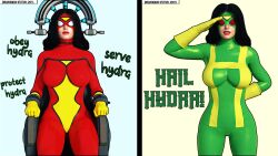 3d before_and_after black_hair corruption femsub jessica_drew marvel_comics spider-woman super_hero text western 