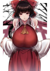  absurdres blush border bow breasts breath brown_hair dress earrings eyeshadow female_only femsub hair_ornament hair_ribbon huge_breasts hypnotic_accessory jewelry long_hair looking_at_viewer makeup nipples outdoors red_eyes reimu_hakurei ribbon see-through shrine_maiden sinkai solo touhou 