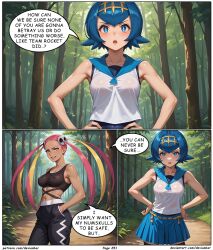 ai_art blue_eyes blue_hair dark_skin devianbar dialogue green_eyes lana_(pokemon) large_breasts long_hair nintendo pink_hair plumeria_(pokemon) pokemon short_hair tattoo team_skull text