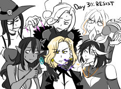 angry black_hair bodysuit character_request choker cleavage cleavage_cutout collarbone confused dark_skin dress earrings elf_ears failed_hypnosis female_only femdom fur_coat gloves hair_band hair_covering_one_eye hair_ribbon hand_on_another's_cheek hat helmet hypnotic_hands hypnotic_whistle hypnovember large_breasts latex long_hair looking_at_viewer magic majinsfw mina_morgan_(somebodyiusedtohypno) mistress_velai_(darknessneon/penken) multicolored_hair multiple_doms multiple_girls natasha_hinoa_(anno) opera_gloves orange_hair original platinum_blonde_hair resisting scared see-through shirt short_hair simple_background skip_skip_(goldenfork) skull small_breasts spiral suit sweat tank_top tech_control veronica_nightingale_(majinsfw) whistle white_background white_hair witch_hat yellow_eyes