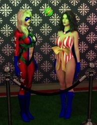  3d bare_shoulders black_hair blonde_hair bodysuit boots bow breasts cape cleavage crossed_eyes eye_mask femsub gift gloves glowing_eyes green_eyes knee-high_boots kneehighs leotard long_hair member9 multiple_girls multiple_subs open_mouth original red_lipstick ribbon super_hero 