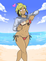  beach blonde_hair blush breasts dark_skin fate/apocrypha fate_(series) female_only femsub heart large_breasts majinsfw mordred_(fate) solo swimsuit tan_lines undressing 