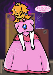 blonde_hair clothed crown dialogue dress english_text female_only femsub gloves kilroylucy18 nintendo opera_gloves phanto possession princess princess_peach royalty solo spiral super_mario_bros. super_mario_bros._wonder text 