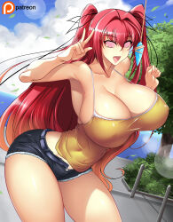 absurdres blush breasts cleavage crystal female_only femsub glowing glowing_eyes haganef happy_trance huge_breasts large_ass large_hips long_hair looking_at_viewer manip mio_naruse misterman4_(manipper) open_mouth pendulum red_hair short_shorts spiral_eyes symbol_in_eyes tagme the_testament_of_sister_new_devil