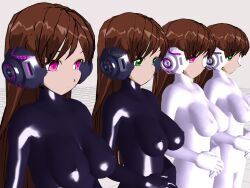  3d 3d_custom_girl bodysuit breasts brown_hair catsuit clone empty_eyes erect_nipples erect_nipples_under_clothes expressionless green_eyes headphones large_breasts latex long_hair multiple_girls multiple_subs pink_eyes rubber saihate_no_majo standing tech_control tight_clothing 