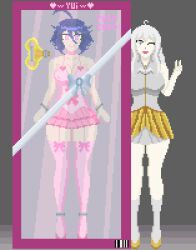 angel angel_girl blue_hair box doll dollification gift glowing_eyes grey_eyes happy_trance hypnovember nyarukavt phoenix_girl pink_eyes pixel_art tutu white_hair white_skin yui_(oc) zero_thotep