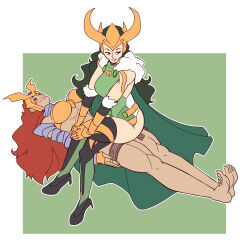  abs angela_(marvel) armor bare_legs bare_shoulders barefoot belt bikini_armor border bottomless bra cape catalepsy choker closed_eyes collarbone crossed_legs crown ef-nsfw face_paint feet female_only femdom femsub fingerless_gloves fur_coat goddess green_background green_hair hair_ornament happy_trance high_heels human_furniture large_breasts leotard loki long_hair marvel_comics marvel_rivals muscle_girl opera_gloves red_hair ring sleeping smile tan_skin thighhighs wide_hips 