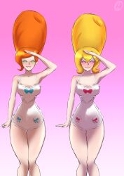  alternate_hairstyle apron beehive_hair ben_10 blonde_hair blush bow domestication female_only femsub gwen_tennyson happy_trance housewife lucy_mann naked_apron orange_hair saluting smile spiral_eyes standing_at_attention stepfordization transparenttexture 