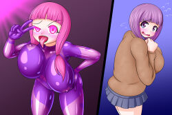  before_and_after blue_background blush bodysuit drool erect_nipples erect_nipples_under_clothes eyeshadow female_only femsub happy_trance large_breasts latex lipstick long_hair looking_at_viewer monvasa nipples open_mouth original pink_eyes pink_hair purple_background purple_eyes purple_hair rubber school_uniform shy simple_background skirt solo straight-cut_bangs tears tight_clothing tongue tongue_out twintails v 