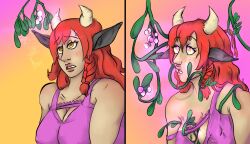 allison_(argonis) breasts cow_girl dark_skin dazed empty_eyes female_only femsub glowing glowing_eyes horns hypnoskies_nsfw hypnotic_plant large_breasts long_hair open_mouth original plant red_hair symbol_in_eyes undressing