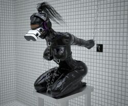  3d arms_above_head black_hair bodysuit bondage bvknotty chains corset dark_skin femsub headphones kneeling latex mask nipple_piercing original ponytail restrained rubber tech_control tight_clothing visor 