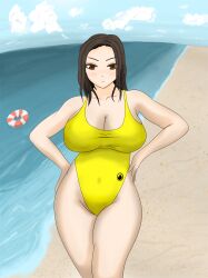 blush breasts chouriki_sentai_ohranger corruption oh_yellow one-piece_swimsuit outdoors super_sentai swimsuit water