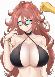  ahoge android_21 black_nail_polish blush bracelet breasts brown_hair cleavage coin collar desspie dragon_ball dragon_ball_fighterz dragon_ball_z earrings female_only femsub glasses glowing_eyes huge_breasts jewelry long_hair looking_at_viewer maledom manip misterman4_(manipper) pendulum spiral_eyes swimsuit symbol_in_eyes 