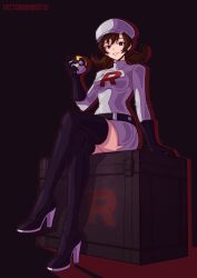  alternate_color_scheme bangs belt boots brown_hair crossed_legs dress empty_eyes enemy_conversion female_only femsub gloves hat high_heels looking_at_viewer lyra_(pokemon) nintendo pokeball pokemon purple_background red_eyes side_slits simple_background sitting smile solo team_rocket team_rocket_grunt thigh_boots thighhighs twintails victoriamikoto watermark 