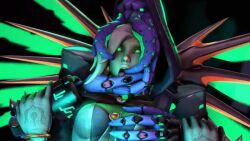  3d ahegao animated animated_gif blonde_hair breasts clothed dazed earrings femsub glowing glowing_eyes green_eyes halloween jewelry large_breasts maledom mercy mind_flayer open_mouth overwatch seamless tentacle_in_mouth tentacles tongue tongue_out wings witch zenyatta 
