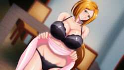 angry aware bleach body_control bra breasts clothed female_only femsub grey_eyes milf orange_hair orihime_inoue panties sinabi skirt skirt_lift solo sweat trembling underwear