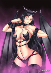 black_hair breasts castlevania corruption demon_girl empty_eyes female_only femsub gradient_background hadant horns large_breasts long_hair monster_girl shanoa signature simple_background solo thighhighs watermark wings