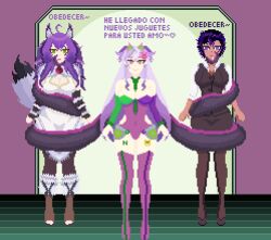 arcananug black_skin empty_eyes green_eyes hypnotic_accessory hypnovember lunarimoonlady mind_break nyarukavt nyaruslavesuit pixel_art purple_eyes purple_hair tail tentacles text tory_(oc) white_skin wolf_ears wolf_girl wolf_tail