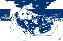  azumarill beach bodysuit breasts drugs femsub furry hypnotic_food large_breasts latex maootter monochrome nintendo on_back outdoors pokemon ponytail signature solo stormdragonblue tail unaware weight_gain 